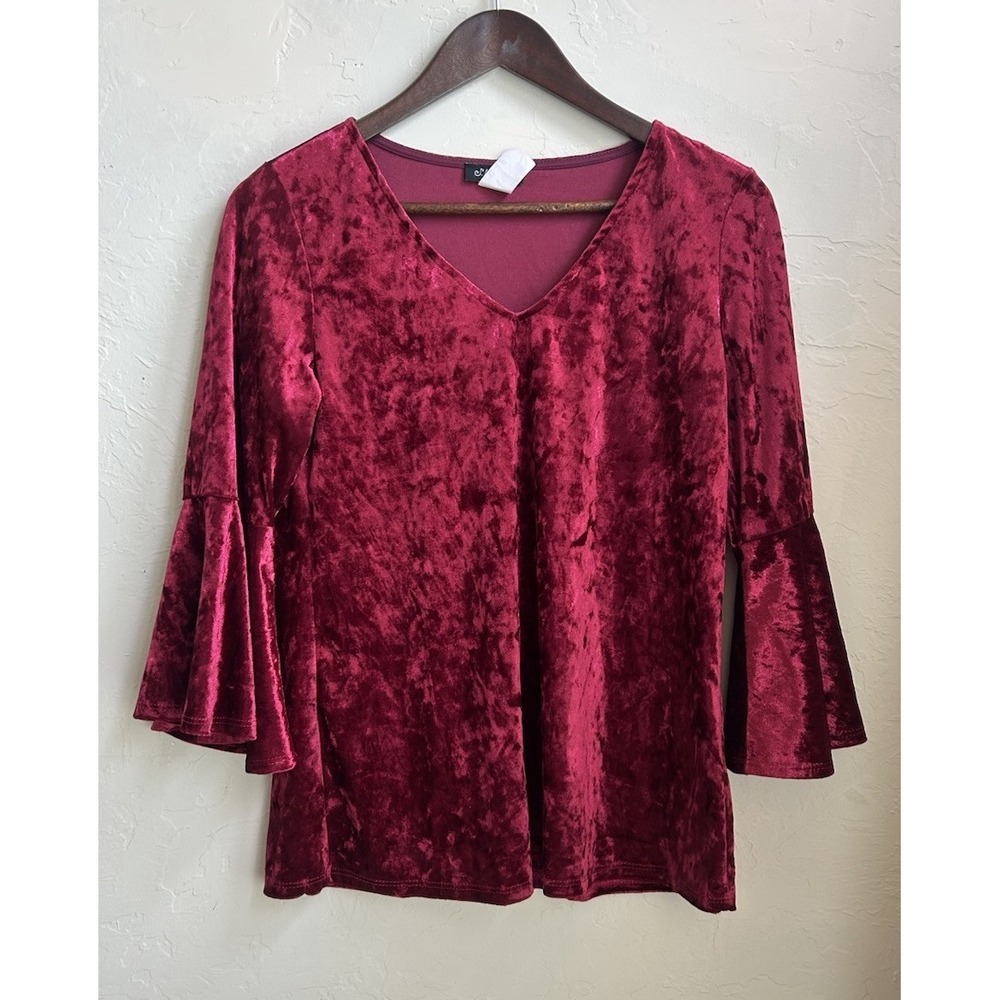 Vintage 90s Y2K Red Crushed Velvet Top M Fairy Grunge Whimsigoth‎ Bell Sleeve